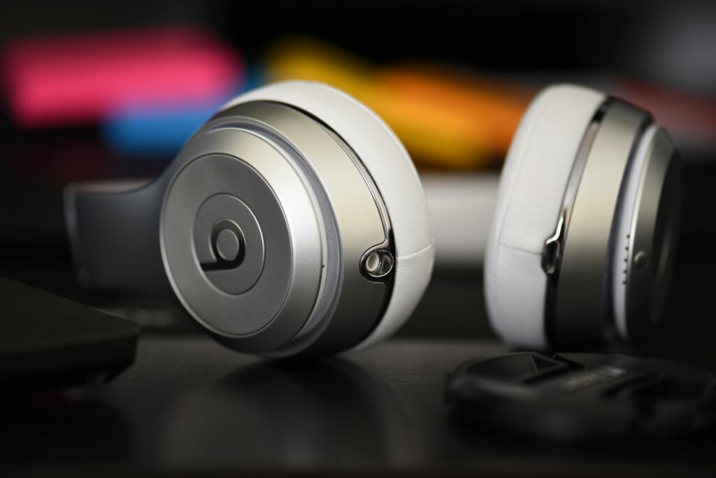 A detailed shot of sleek over-ear headphones, perfect for music lovers and audiophiles.